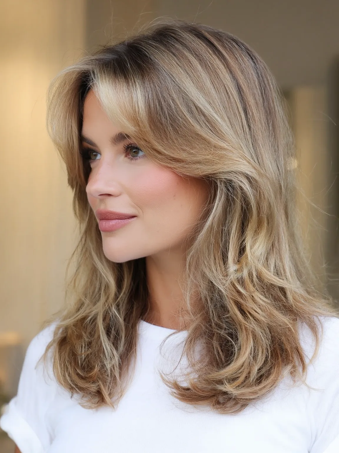 sandy blonde with subtle highlights layered cut